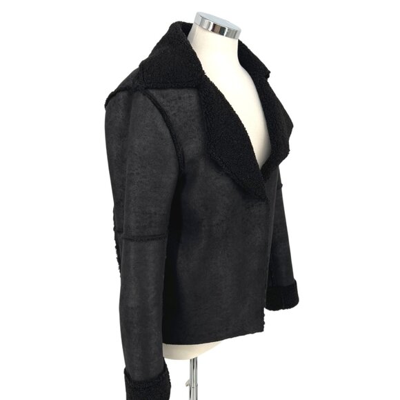 Velvet Faux Suede Sherpa Jacket Notch Collar Black Size Large - Picture 5 of 12